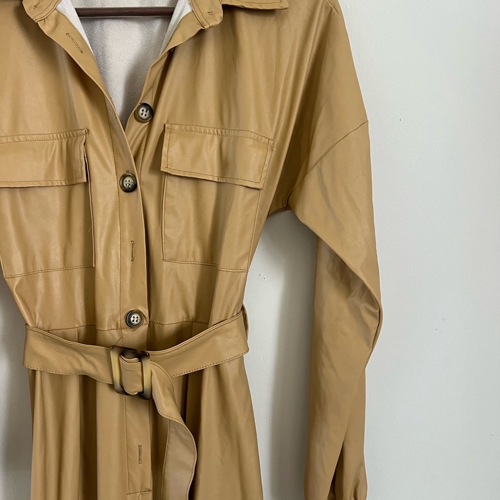 Tan Belted Button-Up Dress